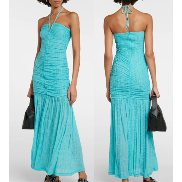 NWT Ganni Sleeveless Halter Ruched Mermaid Maxi Dress Blue Curacao Womens 34/2-4